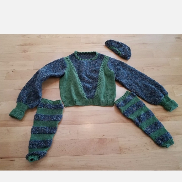 Vintage Hand Knit Sweater-Sage Green Two Tone-Sweater, Leggings & French Hat Set - Picture 3 of 14